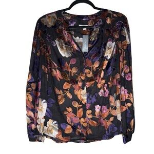 Chicos Floral Burnout Blouse Women Size 12 Semi Sheer Black Billowing Sleeve NWT